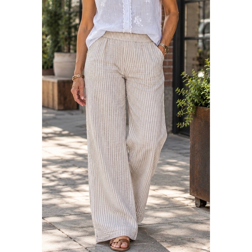 Lou & Grey Tan White Striped Wide Leg Cotton Gauze Pants L Coastal Summer